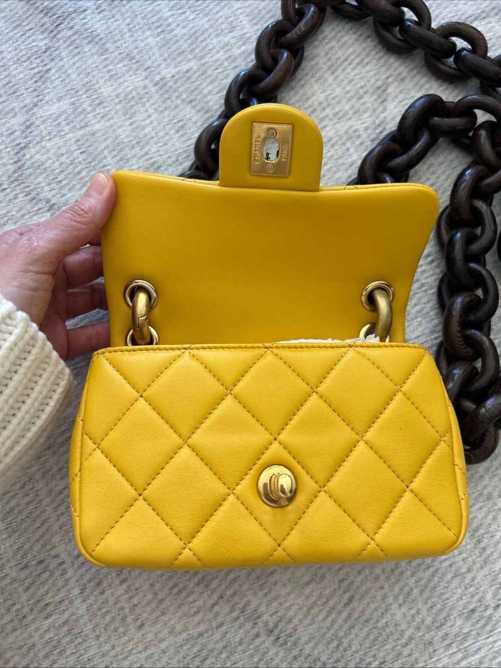 CHANEL Yellow Quilted Mini Flap Bag with Dark Wood Brown Chunky Chain - Picture 2 of 7